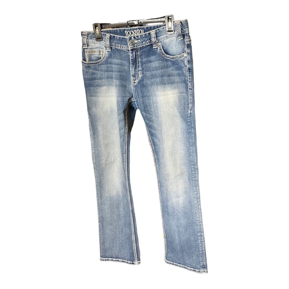 Rock & Roll Cowgirl Boyfriend Jeans Blue Med Wash Bejeweled Pockets Faded 28 - Picture 3 of 9
